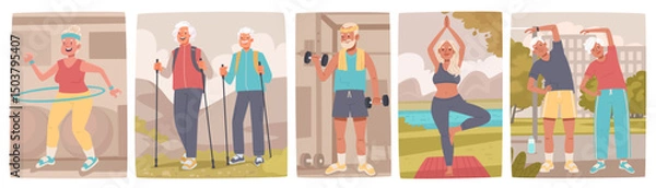 Fototapeta Elderly people and active lifestyle. Set of characters seniors, elderly men and women doing sports in the nature and in the gym
