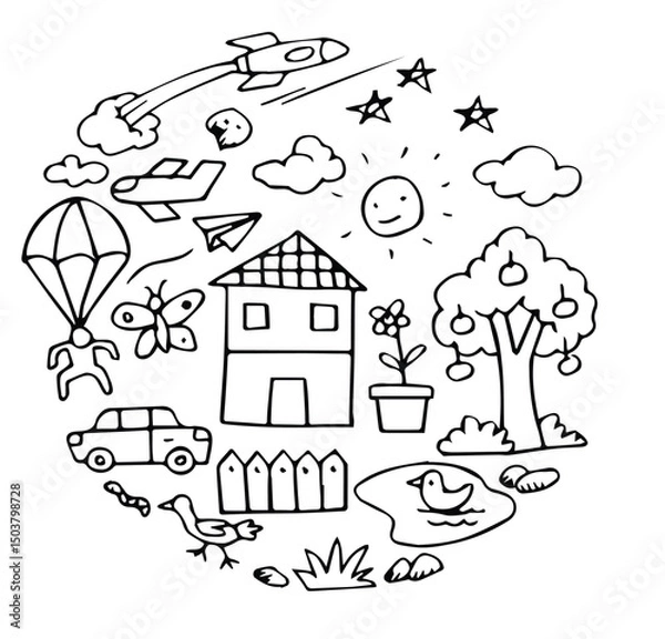 Fototapeta Vector illustration of Doodle cute for kid, Hand drawn set of cute doodles for decoration on white background.	