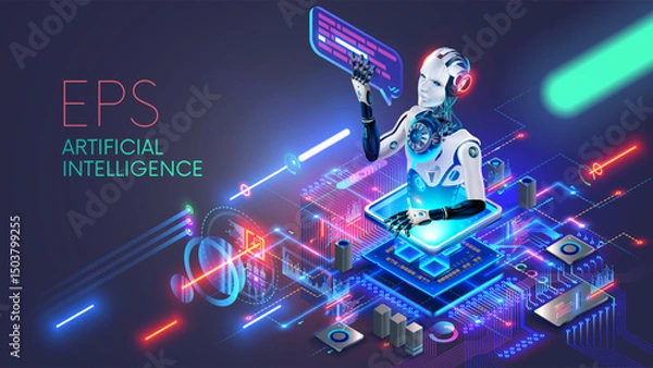 Fototapeta CPU with artificial intelligence. Chatbot looks out of AI chip on motherboard, answers questions. A robot or cyborg with bubble over an AI processor. An electronic chip with artificial intelligence.