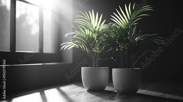 Fototapeta Subtle and elegant monochrome plant showcase with soft light accents