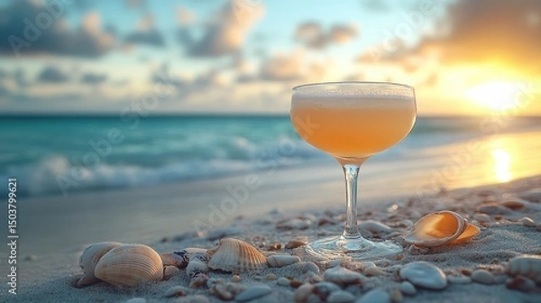 Fototapeta Classic daiquiri in a coupe glass, surrounded by seashells and beach pebbles