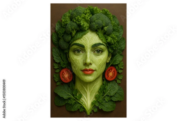 Obraz "Vegan Glow Up – Stunning Woman’s Face Reimagined with Vegetables as a Symbol of Green Beauty, Clean Eating, and Modern Plant-Based Feminine Power on a Minimal Neutral Background"