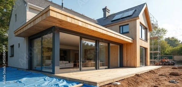 Obraz Modern house undergoing construction new timber frame extension. Large windows showcase living area. Contemporary design with wood elements, sustainable eco building materials. Sunny day, residential