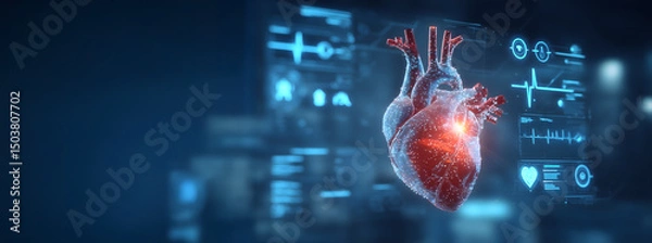 Fototapeta Futuristic Digital Heart Health Concept with Glowing Model and Medical Interface

