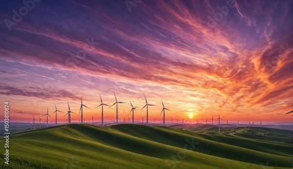 Obraz Wind turbines on rolling green hills at sunset provide clean energy and scenic beauty offering a sustainable vision for the future of the planet and renewable resource