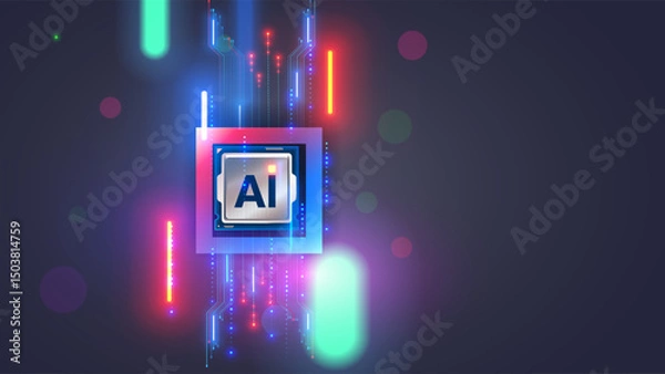 Fototapeta AI chip wallpaper. Electronic chip or CPU with core AI in neon light with pcb lines. Processor with letters AI front view. Chip for neural networks. Hardware artificial intelligence technology.