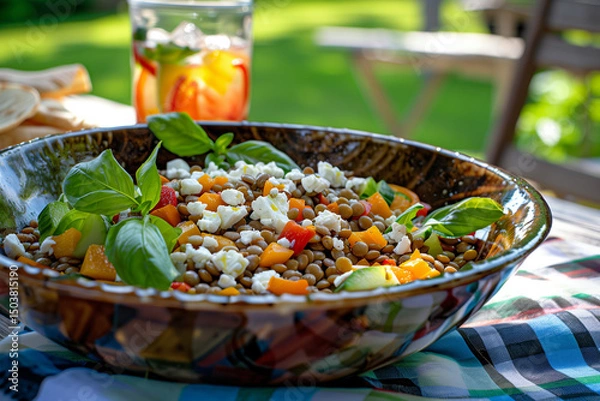 Fototapeta Refreshing summer lentil salad in rustic bowl on picnic table  
