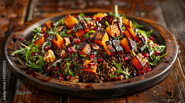 Fototapeta Hearty lentil salad with roasted butternut squash on rustic wood platter  