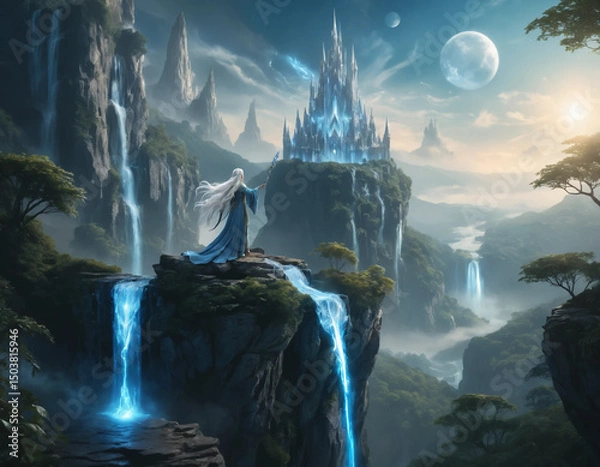 Fototapeta Elven Mage Overlooks Crystal Castle at Dusk