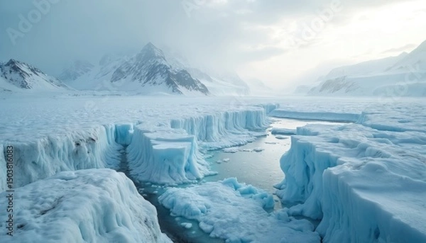 Obraz Dramatic photo represents melting glaciers ice caps impacts of global warming on polar regions. Iceberg, mountains, snow, water, arctic, antarctica, climate change, ecology, environmental threat.