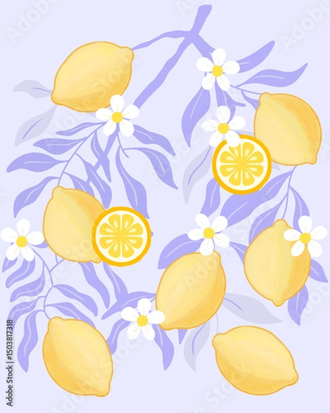 Fototapeta Seamless Lemon and white flower vector illustration with pastel textured background for printable or wrapping. Cute hand draw for wallpaper