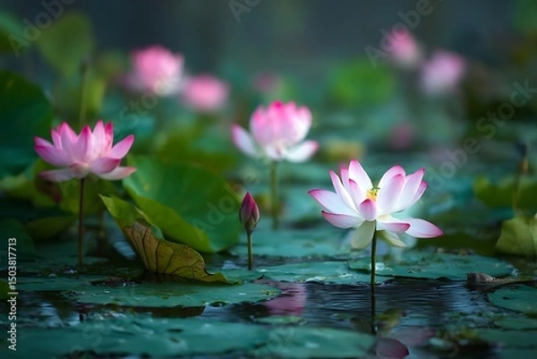 Obraz lotus flower plants with green leaves in lake.