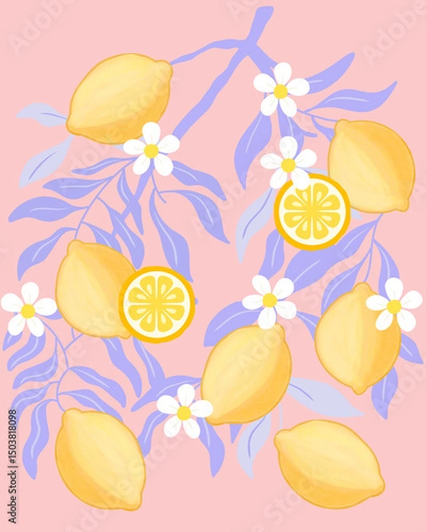 Fototapeta Seamless Lemon and white flower vector illustration with pastel textured background for printable or wrapping. Cute hand draw for wallpaper