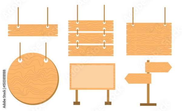 Obraz Wooden Signboard Vector Set – Hanging and Standing Signs, Rustic Wood Sign Collection – Vector Elements for Labels and Boards, Vintage Wooden Signpost and Hanging Board Set