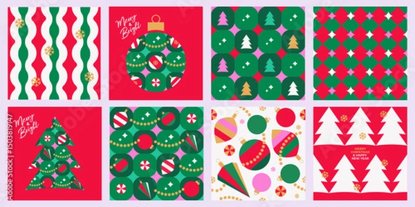 Obraz Set of Holiday Xmas seamless pattern with Christmas Tree, toys, snowflakes in trendy geometric style in red, green, pink, gold colors. Christmas design for season greetings, decor, print, promo
