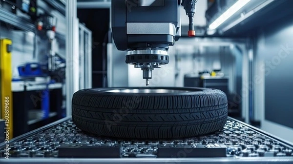 Obraz Fuel-efficient tire being installed by machine in auto workshop