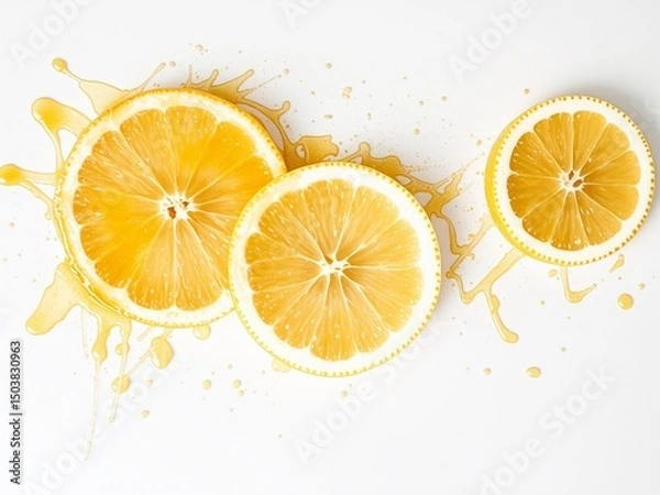 Fototapeta Watercolor Lemon Slice and Juice Isolated on White
