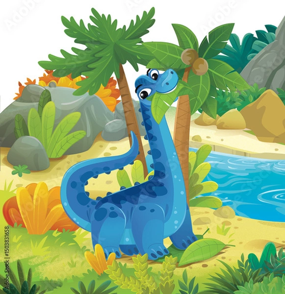 Obraz cartoon dinosaur land scene with animal dino in the jungle illustration for the children