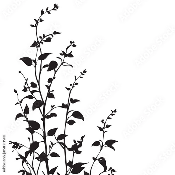 Fototapeta Small leaf plant silhouette pattern wallpaper. Black and white. minimal artwork. simple template. tattoo design. card and package. Vector illustration.