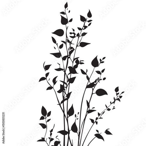 Fototapeta Small leaf plant silhouette pattern wallpaper. Black and white. minimal artwork. simple template. tattoo design. card and package. Vector illustration.