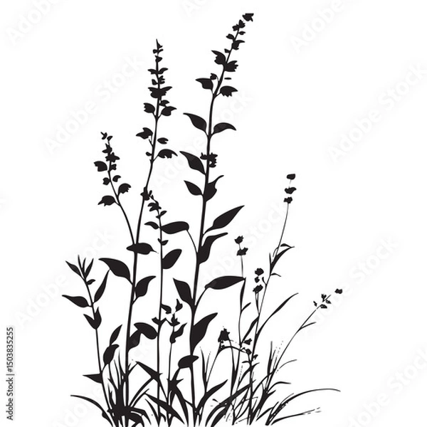 Fototapeta Small leaf plant silhouette pattern wallpaper. Black and white. minimal artwork. simple template. tattoo design. card and package. Vector illustration.