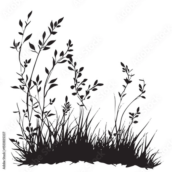 Fototapeta Small leaf plant silhouette pattern wallpaper. Black and white. minimal artwork. simple template. tattoo design. card and package. Vector illustration.