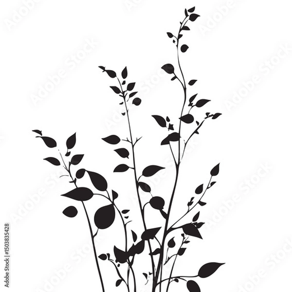 Fototapeta Small leaf plant silhouette pattern wallpaper. Black and white. minimal artwork. simple template. tattoo design. card and package. Vector illustration.