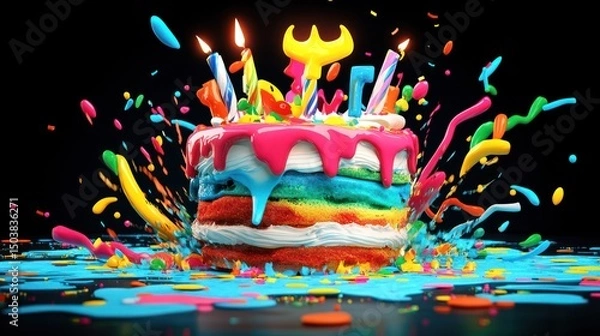 Fototapeta Rainbow Layered Cake with Colorful Paint Explosion and Lit Candles on Black Background