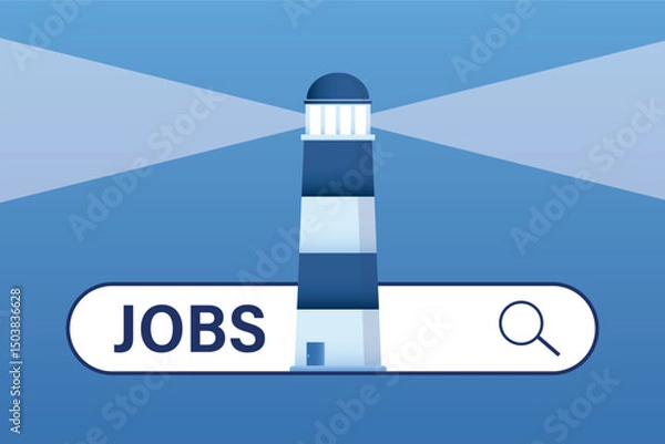 Obraz Lighthouse on search bar employment, career or job search. Lighthouse help search vacancies, opportunities or jobs. Business banner template, place for text.