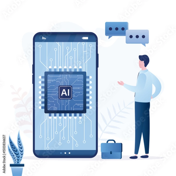 Fototapeta AI chip on smartphone screen. Technology innovation background. Businessman communication with neural network. Generative bot for creating ideas, searching for questions.