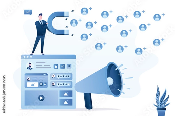 Obraz Blogger attracts new followers. Influencer increases his audience and subscribers. Digital marketing, businessman working with viral content