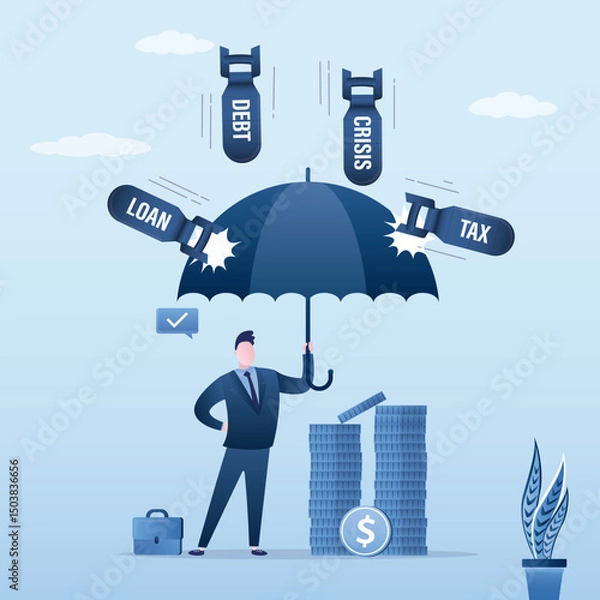 Obraz Wealth or investment under umbrella. Money protection against bombs of crisis, debts and taxes. Smart businessman with successful business management