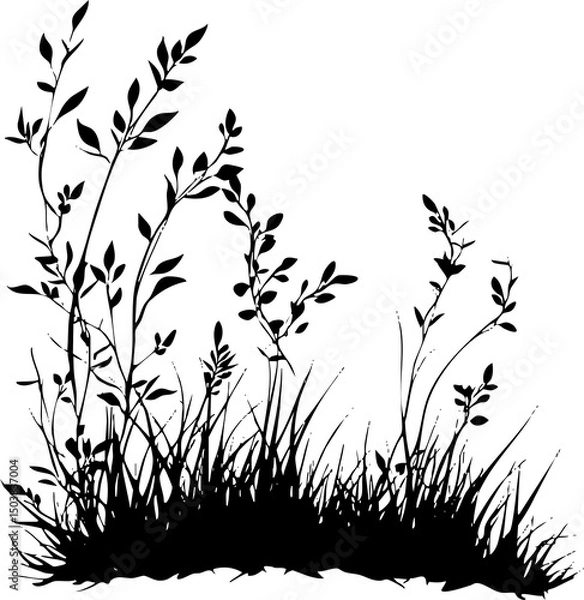 Fototapeta Small leaf plant silhouette pattern wallpaper. Black and white. minimal artwork. simple template. tattoo design. card and package. PNG tranparent.