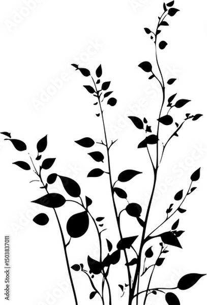 Fototapeta Small leaf plant silhouette pattern wallpaper. Black and white. minimal artwork. simple template. tattoo design. card and package. PNG tranparent.