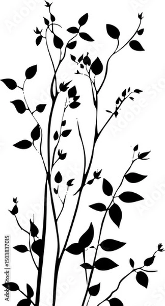Fototapeta Small leaf plant silhouette pattern wallpaper. Black and white. minimal artwork. simple template. tattoo design. card and package. PNG tranparent.