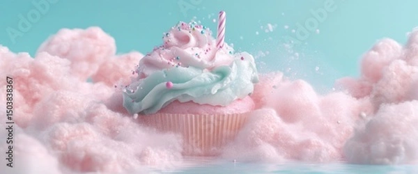Obraz Pink and Teal Cupcake in Cotton Candy Cloud
