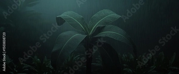 Fototapeta Rainy Night in the Lush Forest: A Single Plant Bathed in Green Light