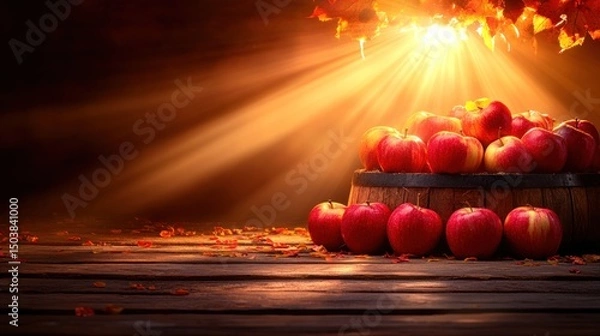 Fototapeta Red Apples in Wooden Bowl Autumn Still Life with Warm Lighting