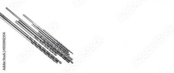 Fototapeta High speed steel spiral drill bits designed for cutting metal in manufacturing environments, shown from above on a clean white background, ideal for industry, tool, and hardware photo needs