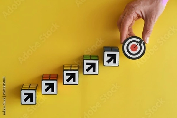 Fototapeta Goal Achievement Concept Hand Placing Target on Arrow Blocks on Yellow Background in Studio