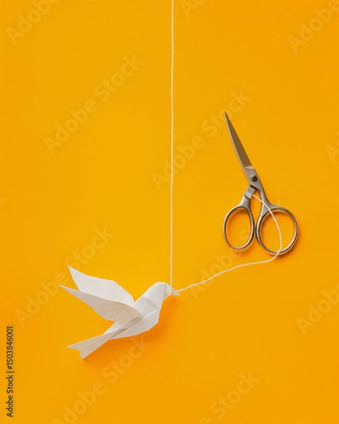 Fototapeta Conceptual representation of freedom and constraints with origami bird and scissors against bright background. Generative AI