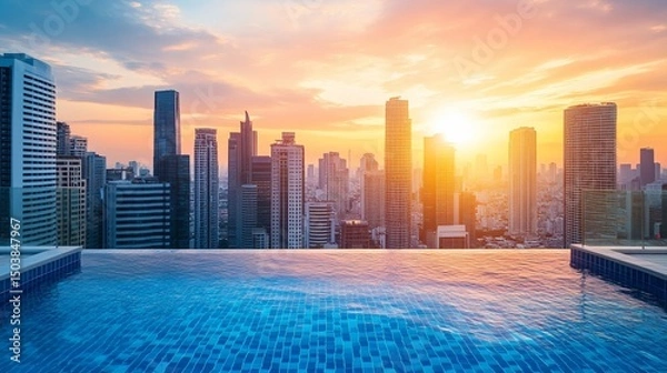 Obraz Rooftop pool with city skyline sunset view, ideal for relaxation and travel