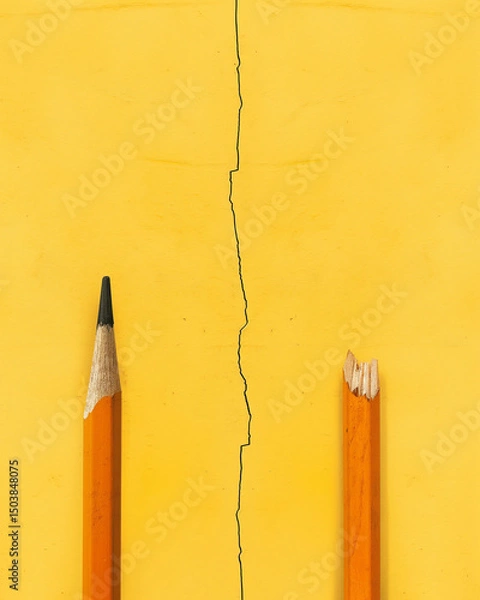 Obraz Conceptual representation of division portrayed through broken and intact pencils against a vibrant yellow background. Generative AI
