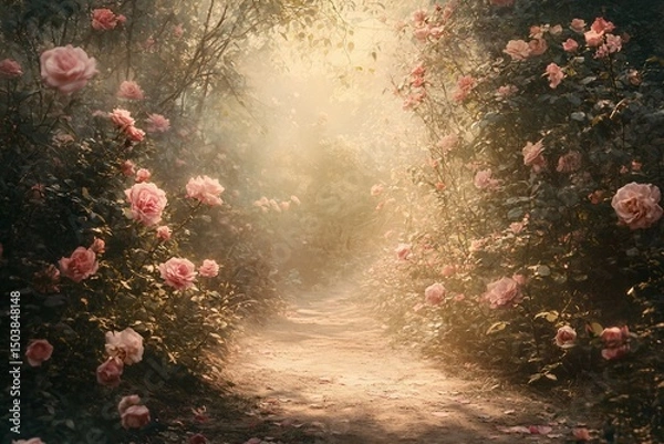 Obraz Rose Garden Pathway, Sunlight, Peaceful, Dreamy, Photorealistic