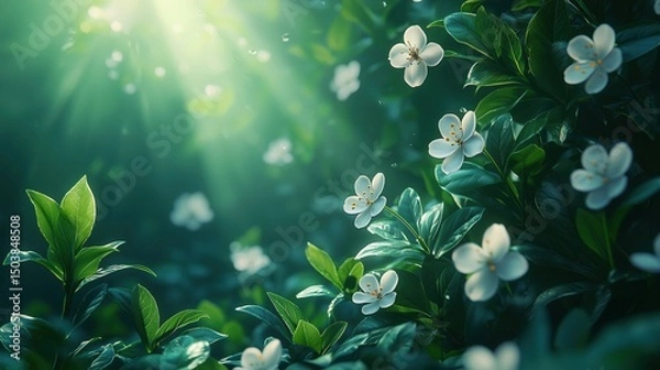 Fototapeta A serene and lush garden scene with soft sunlight streaming through green foliage, highlighting delicate white flowers in full bloom, creating a peaceful and vibrant nature setting.