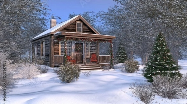 Obraz Snowy Christmas log cabin in winter forest.  Possible use for holiday cards, prints, or winter-themed decor