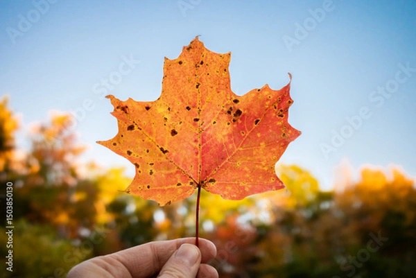 Fototapeta An orange maple leaf held up to a blue sky