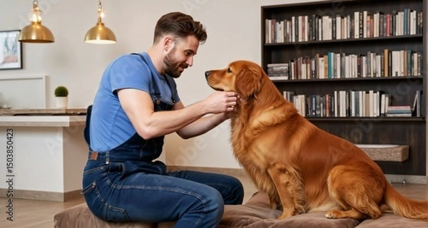 Obraz Farmer grooming a golden retriever in a modern library