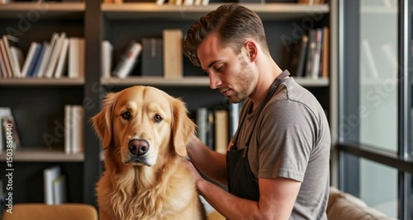 Obraz Farmer grooming a golden retriever in a modern library