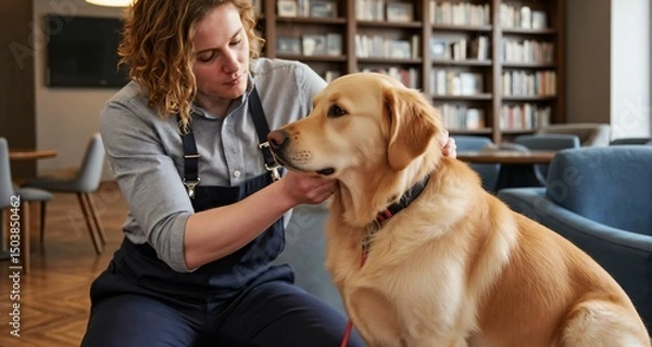 Obraz Farmer grooming a golden retriever in a modern library